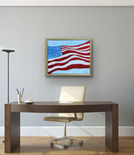 Load image into Gallery viewer, Close-up of textured acrylic brushwork on an original patriotic painting featuring expressive red, white, and blue details.
