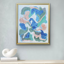 Load image into Gallery viewer, Reef colorful coastal wall art displayed in a thin gold float frame with blue, green, peach and white abstract shapes.

