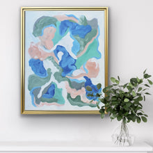 Load image into Gallery viewer, Close-up of Reef original abstract painting showing layered blue, green and peach acrylic brushwork inspired by a coral reef.
