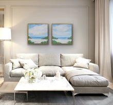 Load image into Gallery viewer, Framed original coastal abstract painting featuring soft blue, white and tan ocean-inspired colors.
