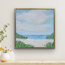 Load image into Gallery viewer, Sea Breeze 2 original 24x24 abstract coastal painting by Jeanne Player in soft blue, white and tan with a thin gold float frame.
