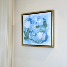 Load image into Gallery viewer, Modern coastal abstract wall art with heavy acrylic texture and layered pastel brushstrokes in blue, green, blush pink, white, and gold.
