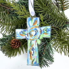 Load image into Gallery viewer, Shatterproof blue and green Christian cross ornament with white satin ribbon for Christmas tree

