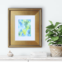 Load image into Gallery viewer, Bright and cheerful small abstract artwork with energetic blue, green, yellow, and white details styled as modern tabletop or wall décor.
