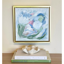 Load image into Gallery viewer, Pastel abstract floral painting on canvas with dreamy layered brushstrokes and calming coastal colors framed in gold.
