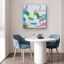 Load image into Gallery viewer, South Beach abstract painting featuring blue, pink, green, white, and warm tan, created as a colorful statement piece for the home.

