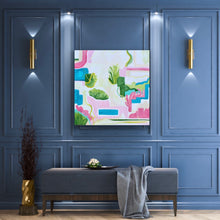 Load image into Gallery viewer, Colorful South Beach coastal abstract painting by Jeanne Player featuring layered blue, pink, green, white, and tan tones.

