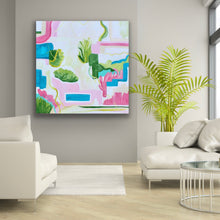 Load image into Gallery viewer, Large-scale South Beach original abstract wall art by Jeanne Player, measuring 40 x 40 inches and inspired by coastal colors.
