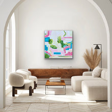 Load image into Gallery viewer, South Beach 40 x 40 inch statement abstract artwork styled in an elegant living room with sophisticated coastal decor.
