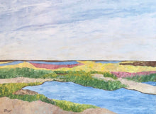 Load image into Gallery viewer, Abstract coastal landscape giclée print inspired by the Southern Low Country marshes, bringing peaceful blue, green, and blush tones to a modern coastal living room or bedroom.

