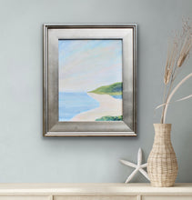 Load image into Gallery viewer, Close-up of Summer Days original abstract beach painting showing layered acrylic paint and palette knife texture in blue, green, pink, white, and tan.
