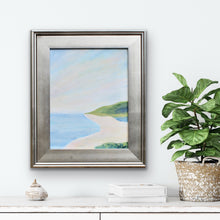 Load image into Gallery viewer, Framed Summer Days original coastal abstract painting showing a peaceful beach-inspired scene with blue, green, pink, white, and tan tones.
