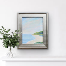 Load image into Gallery viewer, Summer Days original abstract beach painting by Jeanne Player featuring blue, green, white, pink, and tan coastal colors in a silver plein air frame.
