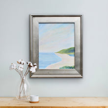 Load image into Gallery viewer, Summer Days 11 x 14 inch original abstract beach painting shown in its 16 x 19 inch silver float frame for coastal home decorating.
