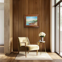Load image into Gallery viewer, Original tropical rowboat painting featuring red, yellow, and green boats along the shore with soft coastal light and textured acrylic details.
