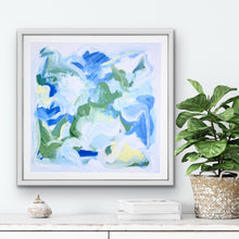 Load image into Gallery viewer, Beachy abstract giclée print with layered acrylic-style brushstrokes in blue, green, white, and pale yellow for coastal interiors.
