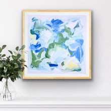 Load image into Gallery viewer, Water’s Edge coastal abstract art print featuring expressive blue, green, white, and soft yellow brushstrokes inspired by the shoreline and ocean waves.
