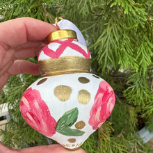Load image into Gallery viewer, Original Christmas tree ornament by Jeanne Player featuring colorful abstract flowers and intricate lattice detailing.
