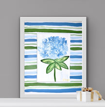 Load image into Gallery viewer, Small original botanical painting perfect for gallery walls, bedrooms, nurseries, and feminine interiors.  Blue and green floral painting detail showing expressive acrylic brushstrokes and custom hand-painted matting.
