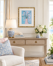 Load image into Gallery viewer, Pink and blue original floral wall art styled in a colorful hamptons style chic traditional interior
