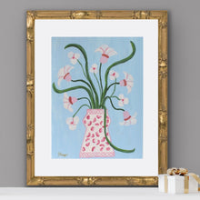 Load image into Gallery viewer, Whispers of Spring original floral painting in champagne gold bamboo frame with white mat.
