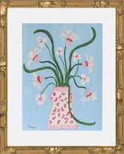 Load image into Gallery viewer, Whispers of Spring original floral painting with pink white flowers and green stems on a blue background
