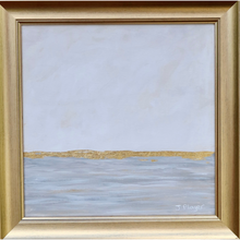 Load image into Gallery viewer, Original neutral coastal abstract painting titled Winter Sea featuring soft blue-gray ocean tones with genuine gold leaf horizon in a gold float frame.
