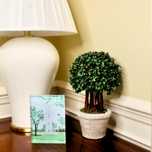 Load image into Gallery viewer, Freestanding NC State acrylic art block designed from original Memorial Bell Tower artwork by Jeanne Player Fine Art. Memorial Bell Tower shelf sitter for NC State graduates, college fans, and North Carolina State University collectors.
