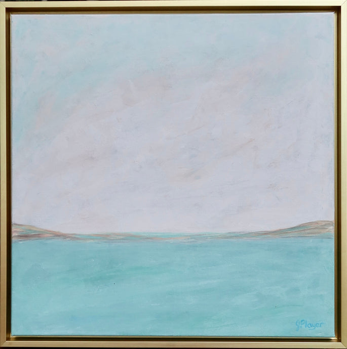Conemporary painting on canvas. This sqaure abstract coastal painting has a mostly white top portion with teal waters underneath. Between the two sections are a tan, gray and green layer.