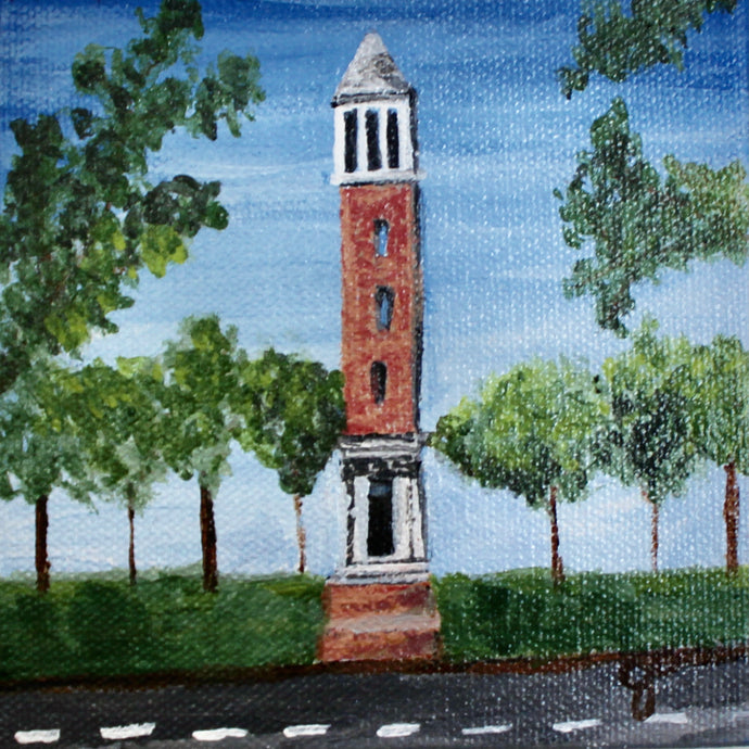 University of Alabama, Denny Chimes is a landmark on the campus quad. This belltower painting is an original small work of art. It is surrounded by trees and University Boulevard in front of the monument. 