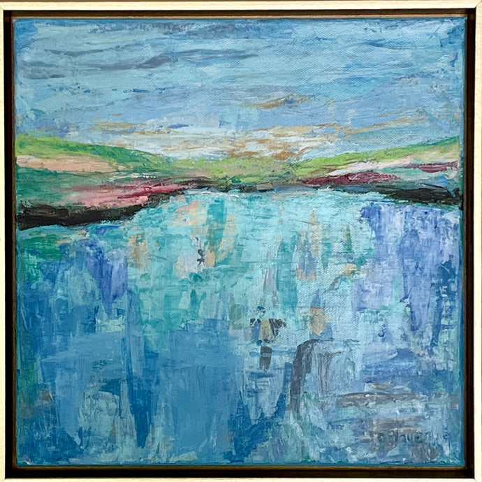 A really abstract coastal artwork with blue, aqua, white, yellow, tan, green, pink, red and dark gray. This is the view from the water to land. 