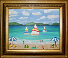 Load image into Gallery viewer, Beach Vacation is a whimsical beach scene. This horizontal painting has 3 sailboats in the water on a tropical island with people on the beach, under umbrellas, sitting on towels, playing in the sand and the surf.  It has mountians in the backgound and a cloudy blue sky.
