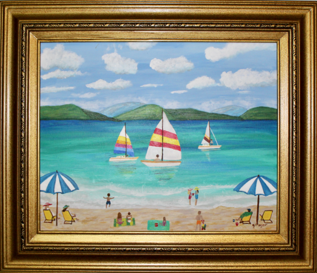 Beach Vacation is a whimsical beach scene. This horizontal painting has 3 sailboats in the water on a tropical island with people on the beach, under umbrellas, sitting on towels, playing in the sand and the surf.  It has mountians in the backgound and a cloudy blue sky.