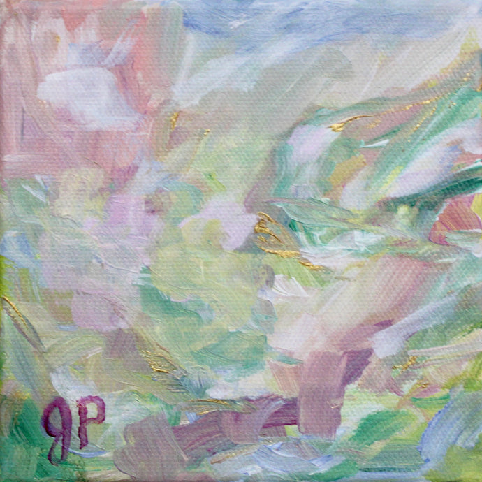 Mini abstract painting on canvas. This colorful artwork has shades of green, pink, blue, rose, white gold and yellow. It is initialed by the artist on the front and is square.