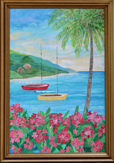 Abstract landscape painting of the Caribbean. This colorful painting has mandevilla, sailboats, palm trees and lush mountains in the background with a sunset. This painting has shades of pink, red, green, blue, brown, yellow, tan and white.  It is in a gold frame.