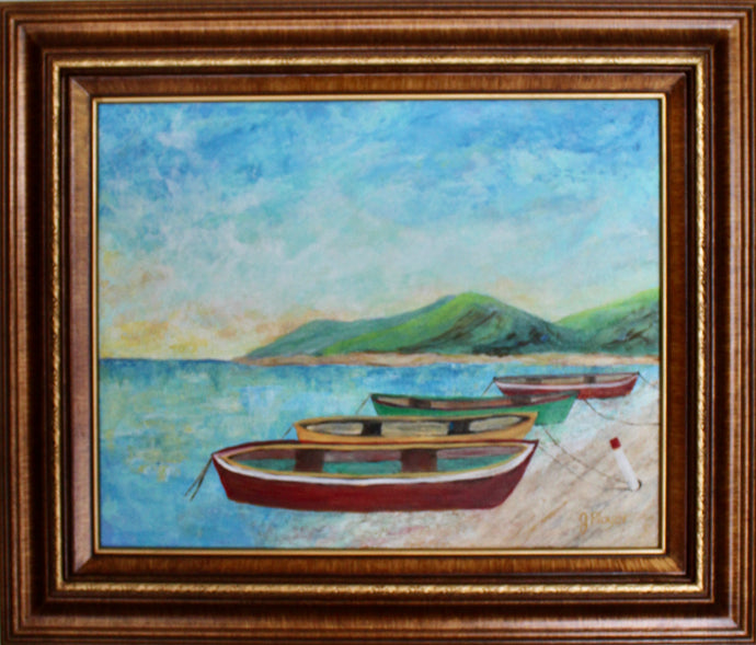 Island Time is a coastal inspired painting. this painting has 4 boats beached on shore and tied off with lush green mountains in the background.  A blue sea with a blue sky and the hint of a sunrise or sunset on the horizon.
