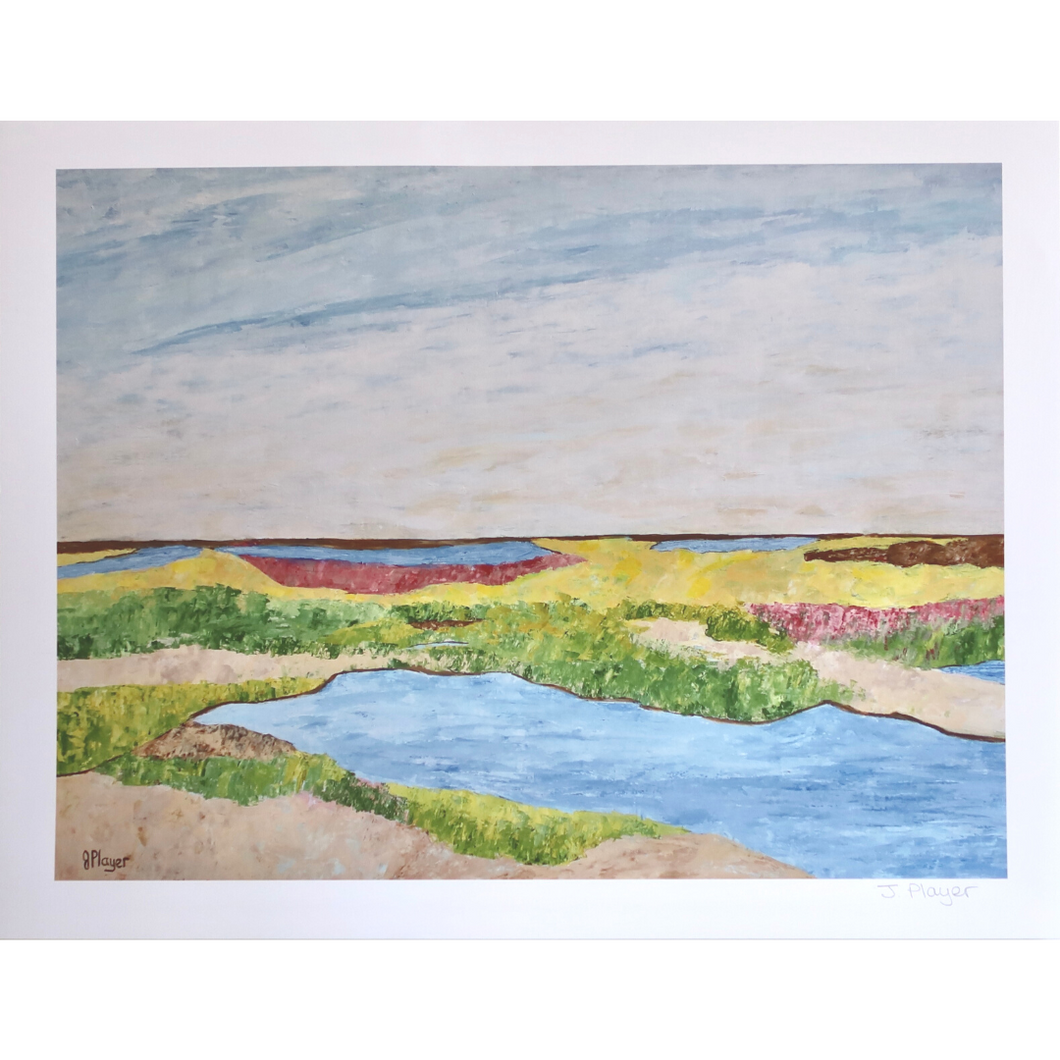 A colorful coastal marsh scene art print. This print has shades of tan, yellow, green, blue, brown and pink. 