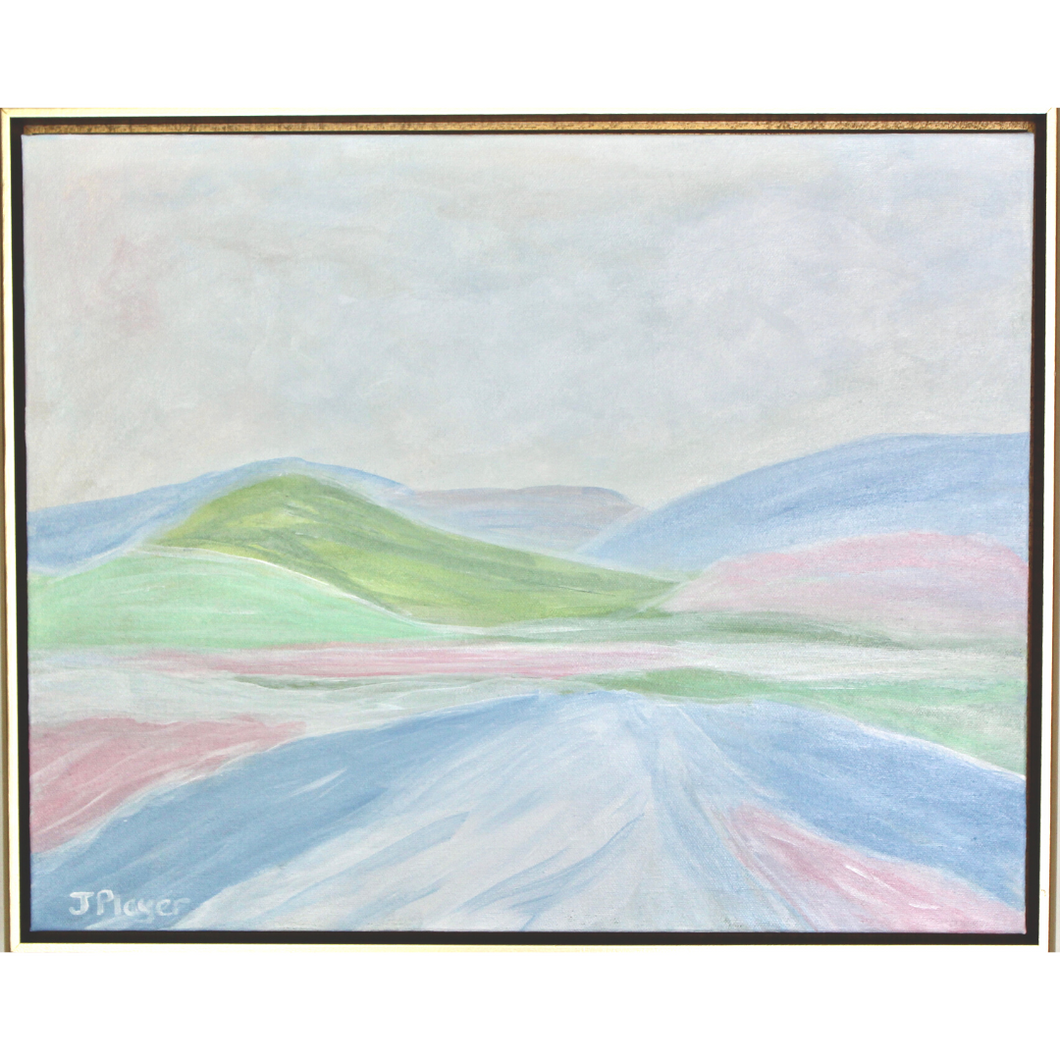 Colorful landscape art for girls. This abstract landscape has shades of pink, blue, green, gray and white.