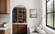 Load image into Gallery viewer, Blue Dawn original abstract landscape painting by Jeanne Player featuring blue, green, gold and earthy tones in a decorative frame.
