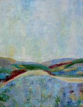 Load image into Gallery viewer, Blue Dawn framed landscape painting with layered painterly hills and an atmospheric blue morning sky. Original blue and green landscape wall art with rolling hills and expressive layers of acrylic paint.
