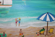Load image into Gallery viewer, Whimsical ocean painting for coastal living room decor featuring bright beach umbrellas, sailboats, islands, and playful seaside charm.
