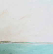 Load image into Gallery viewer, Line on the Horizon I original artwork by Jeanne Player with soothing aqua blue water, subtle pastel tones, and a minimalist distant horizon.
