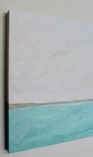 Load image into Gallery viewer, Line on the Horizon I original coastal-inspired landscape painting by Jeanne Player, featuring calm aqua water beneath a pale sky and distant shoreline.
