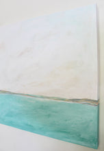 Load image into Gallery viewer, Line on the Horizon I original abstract painting by Jeanne Player displayed in a gold frame, featuring soft aqua, ivory, blush, and muted coastal tones.
