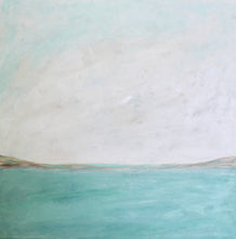 Load image into Gallery viewer, Line on the Horizon II original artwork by Jeanne Player displayed in a gold frame, featuring a peaceful horizon and soft coastal-inspired colors.
