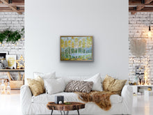 Load image into Gallery viewer, Contemporary landscape artwork with soft blue mountains, yellow foliage, and elegant white birch trees
