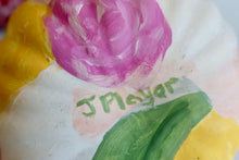 Load image into Gallery viewer, Original pink, green, yellow and white preppy pumpkin for indoor decorating.
