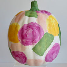 Load image into Gallery viewer, Hand-painted fall pumpkin measuring approximately 7.5 inches wide by 6.5 inches tall
