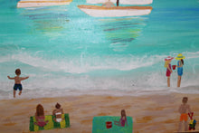 Load image into Gallery viewer, Framed original beach painting inspired by joyful family vacations with whimsical coastal imagery and vibrant tropical colors.
